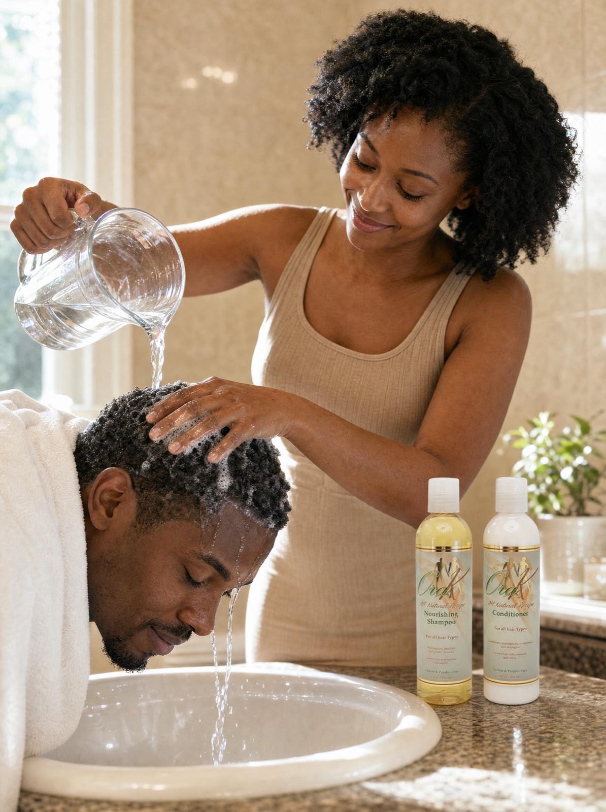 A woman rinsing shampoo from a man's hair at a sink, with Ora K Nourishing Shampoo and Conditioner on the counter